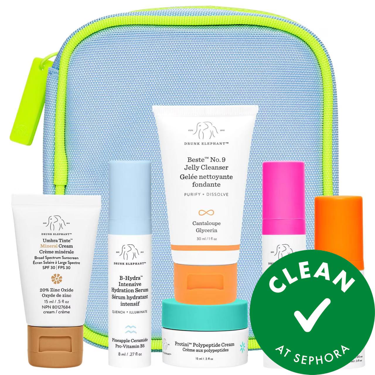 Drunk Elephant The Littles 6-piece vegan skincare set in a blue travel pouch with neon zipper on Tampa Home & Garden Store