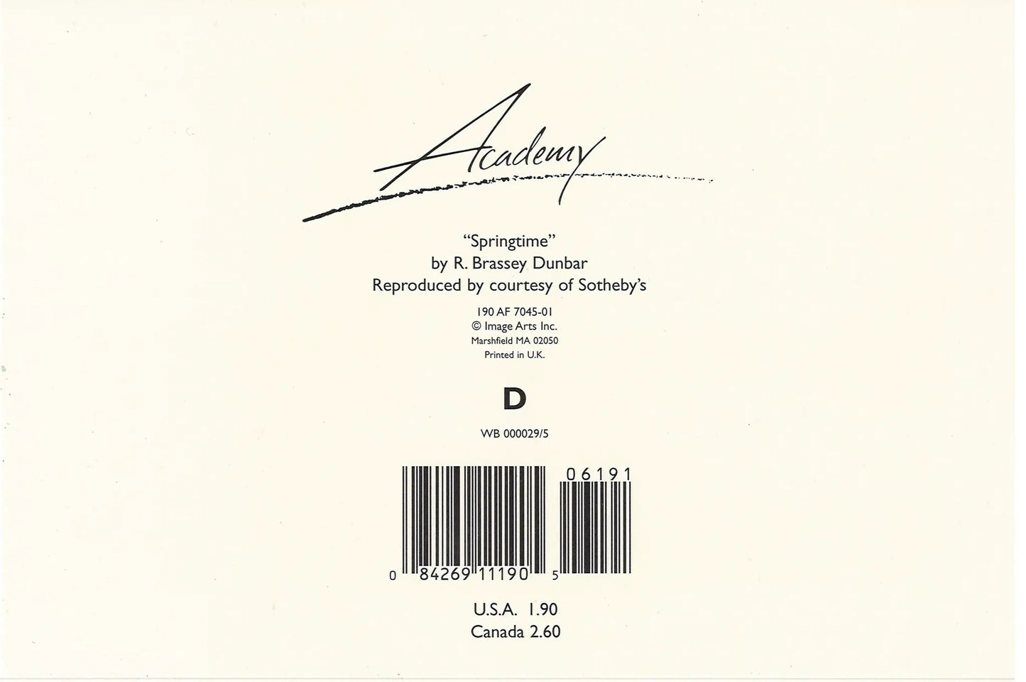 Springtime Blank Greeting Card back with cream background, black Academy script logo Springtime on Tampa Home & Garden Store