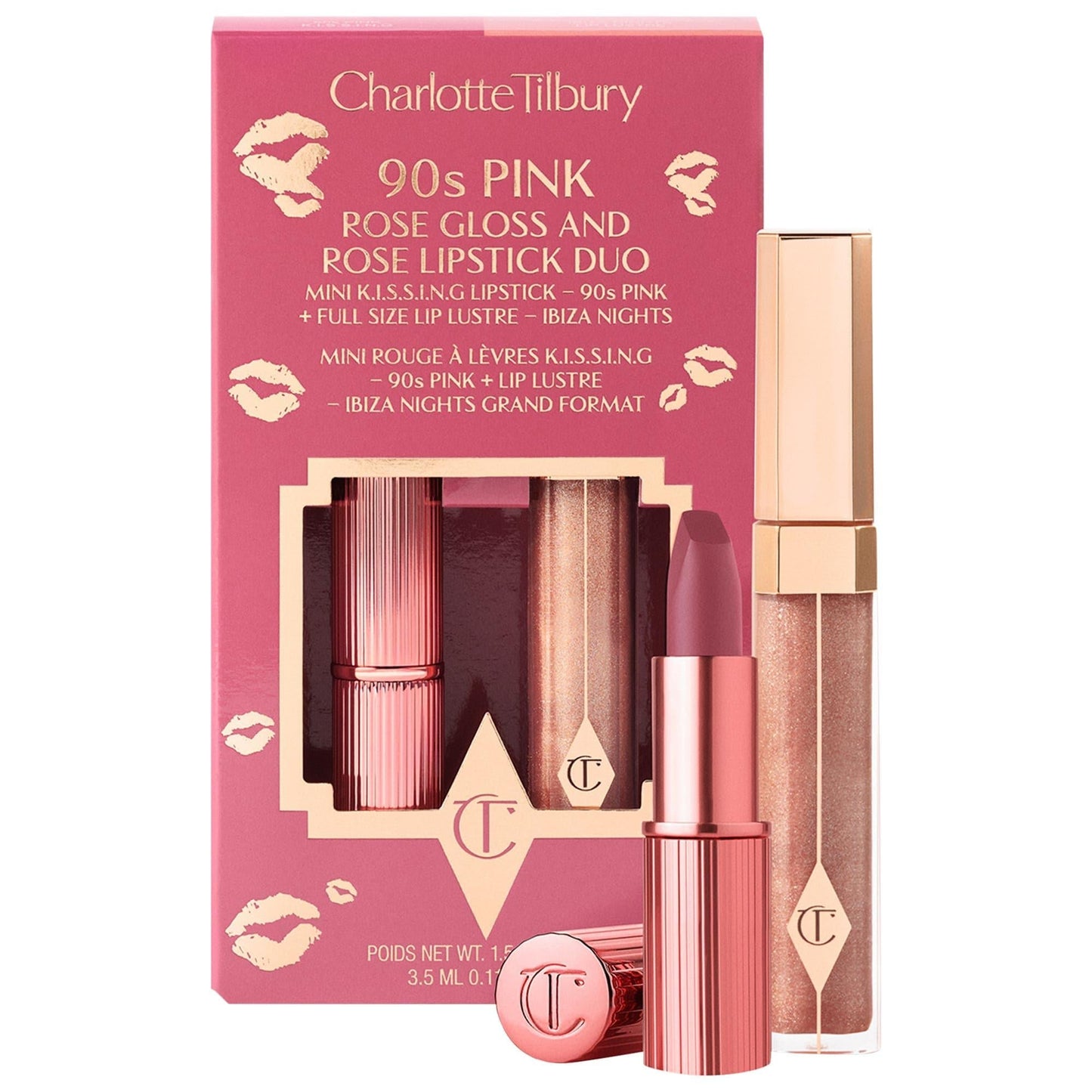 Charlotte Tilbury Kiss Kiss lipstick and lip gloss duo in pink packaging with rose-gold tubes on Tampa Home & Garden Store