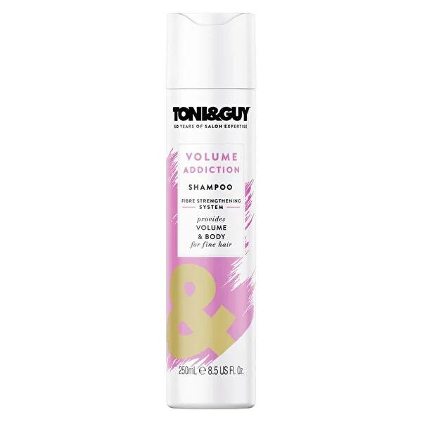 Toni&Guy Volume Addiction Shampoo bottle, white with pink accents, for fine hair on Tampa Home & Garden Store