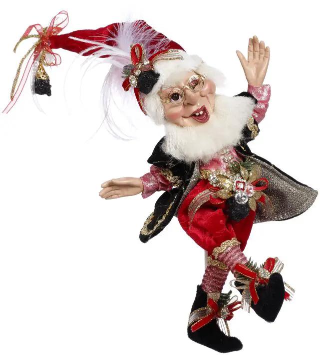 Coal Stocking Elf figurine, small 10in, red glitter outfit with beard and black boots on Tampa Home & Garden Store