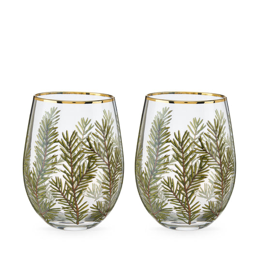 Woodland Stemless Wine Glass Set, two clear glasses with gold rims and pine leaf design on Tampa Home & Garden Store