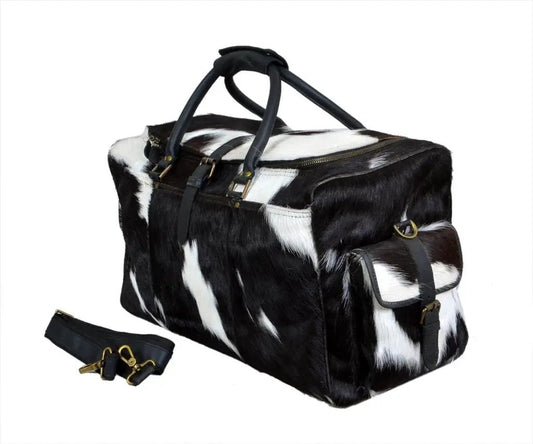 Cowhide hair-on leather travel bag with black/white pattern and detachable strap on Tampa Home & Garden Store
