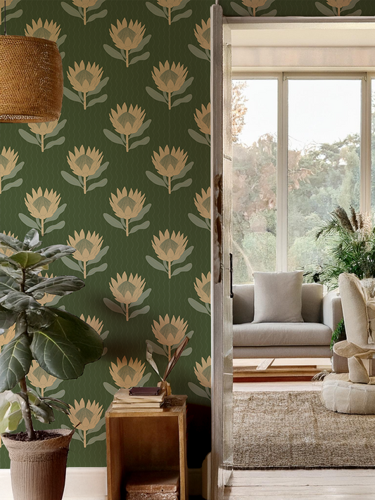 King Protea Wallpaper, forest green and butter yellow - Tampa Home & Garden Store