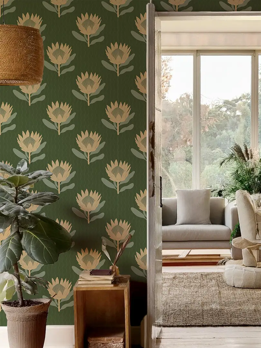 King Protea Wallpaper Block Print Forest Green pattern for living room decor with plants on Tampa Home & Garden Store