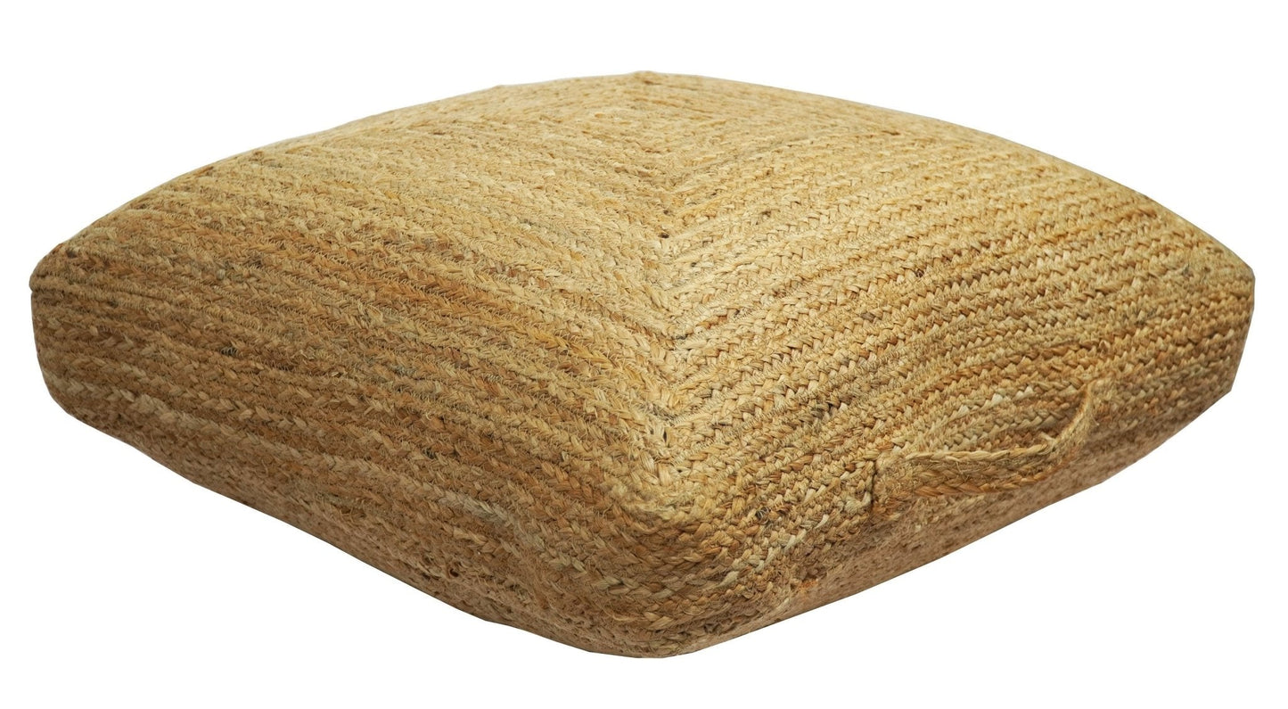 Natural brown jute square pouf, hand braided boho ottoman for living room decor on Tampa Home & Garden Store