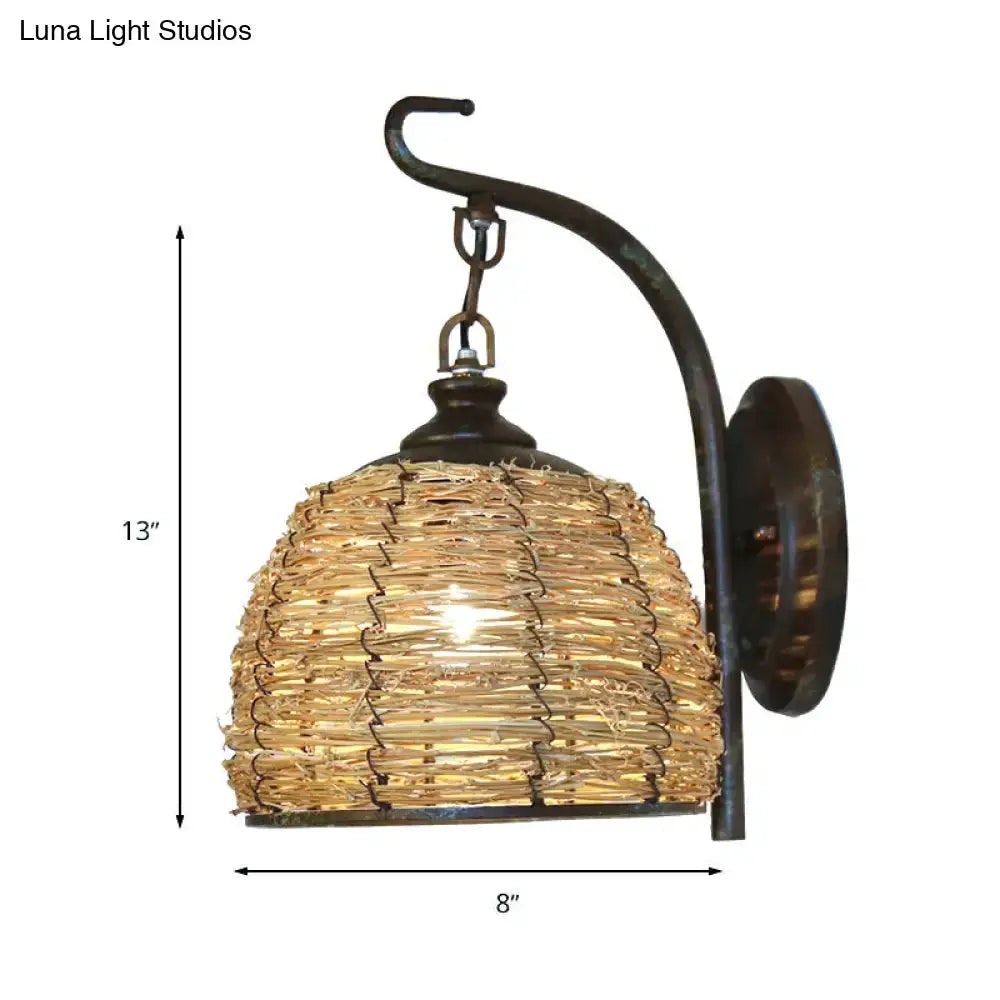 Handmade Asian rattan dome wall sconce with brown woven shade and curved bronze arm Decorbites on Tampa Home & Garden Store