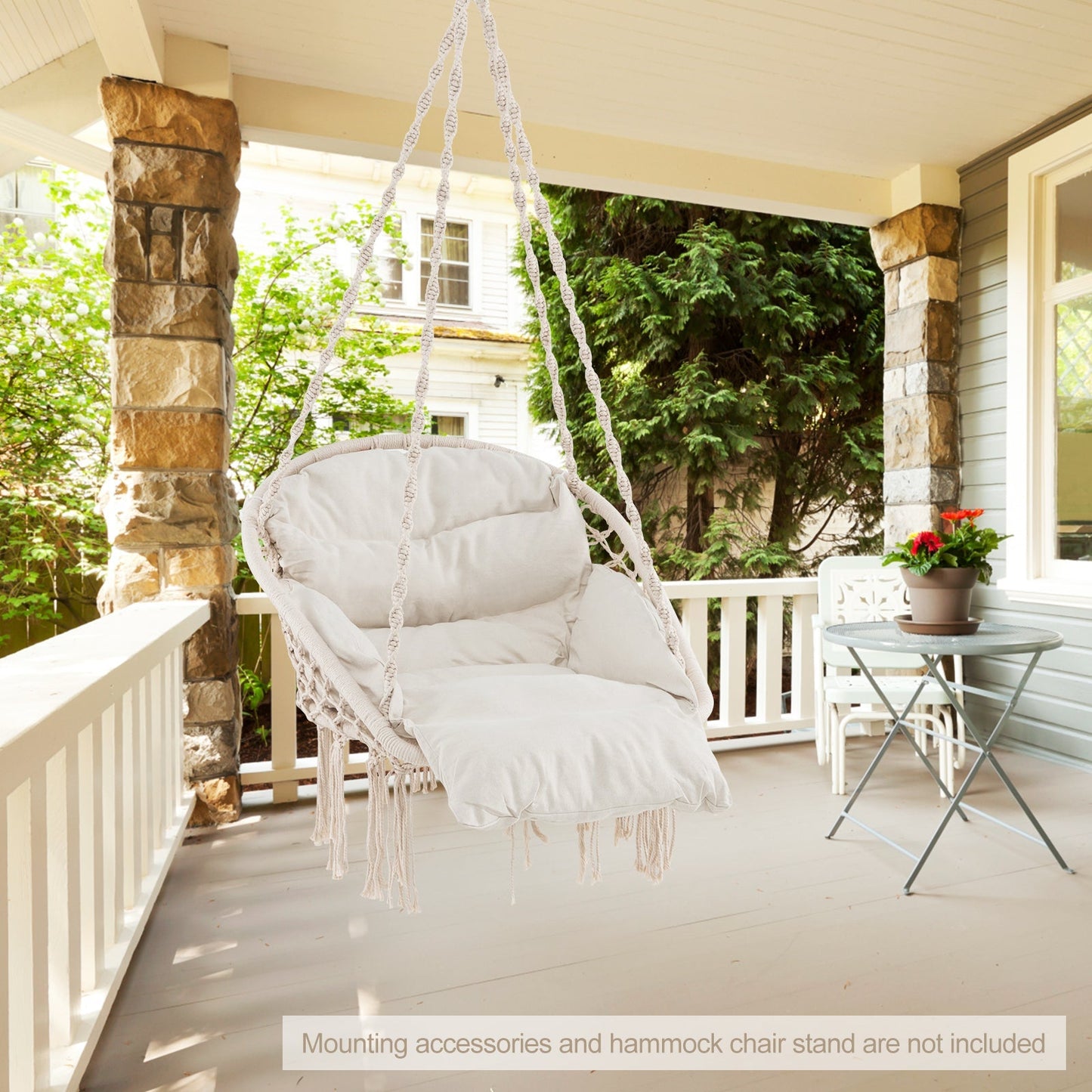 Hammock chair GemGear white cushioned rope seating on a sunlit porch with stone columns on Tampa Home & Garden Store
