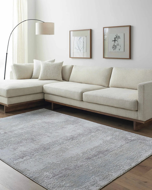 Hanne Thick Luxe Rug light gray, plush contemporary rug by Boutique Rugs in a modern living room on Tampa Home & Garden Store
