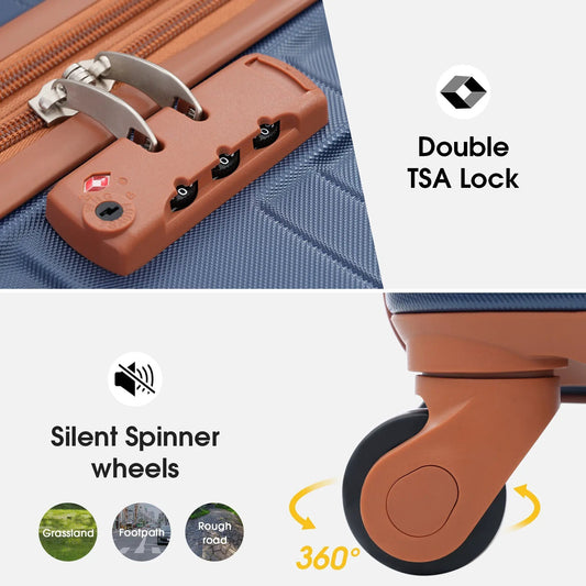 Hardshell luggage set with orange TSA lock and spinner wheels on blue textured shell on Tampa Home & Garden Store