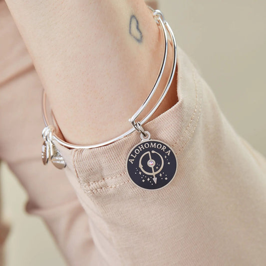 Harry Potter Alohomora charm bangle bracelet, silver metal with round black pendant on Tampa Home & Garden Store