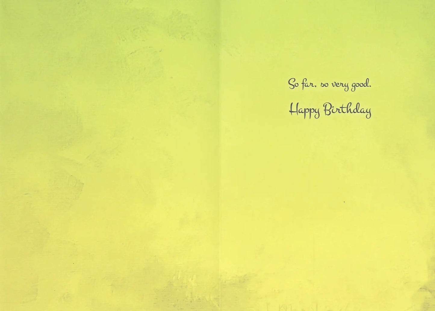 Birthday greeting card lime yellow cover with cursive So far, so very good Happy Birthday text on Tampa Home & Garden Store