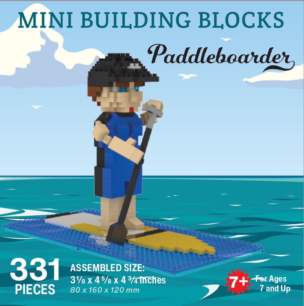 Mini Building Blocks Paddleboarder set with blue figure on a yellow paddleboard, 331 pieces on Tampa Home & Garden Store