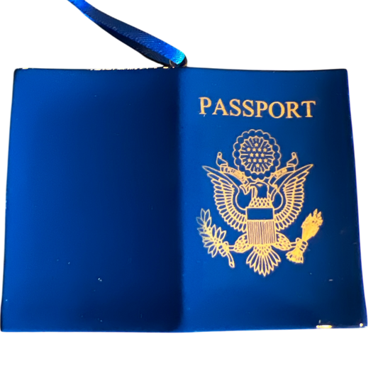 Passport ornament blue with gold passport seal and travel stamp design, The Country Christmas Loft on Tampa Home & Garden Store