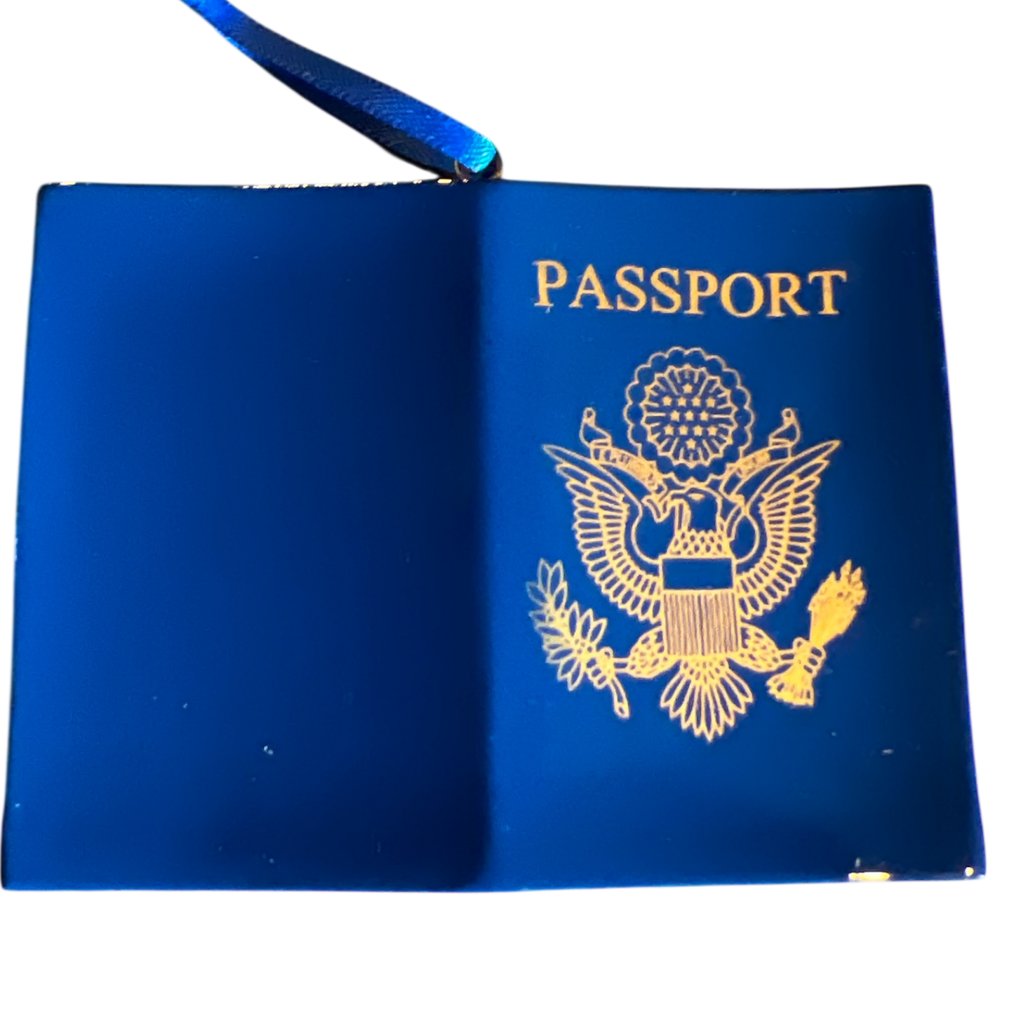 Passport ornament blue with gold passport seal and travel stamp design, The Country Christmas Loft on Tampa Home & Garden Store