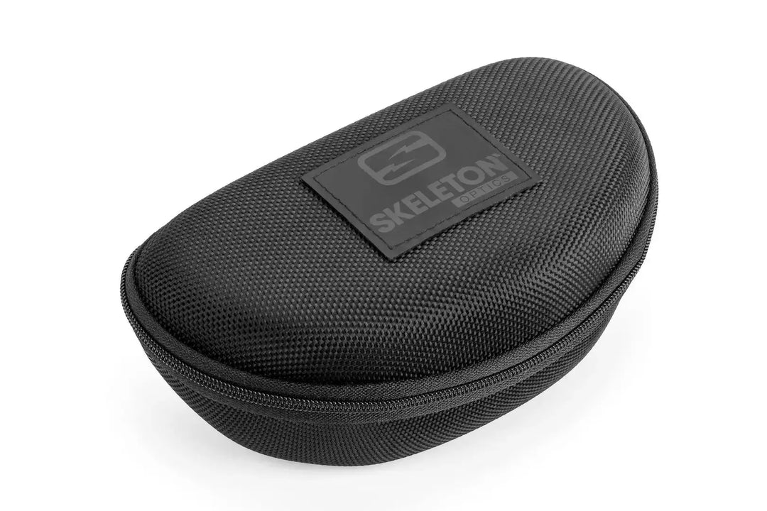 Skeleton Optics sunglasses case, black hard-shell zip pouch with logo patch on Tampa Home & Garden Store