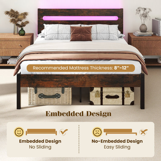 Heavy-Duty Metal Slats Support Bed Platform with Charging Station - Tampa Home & Garden Store