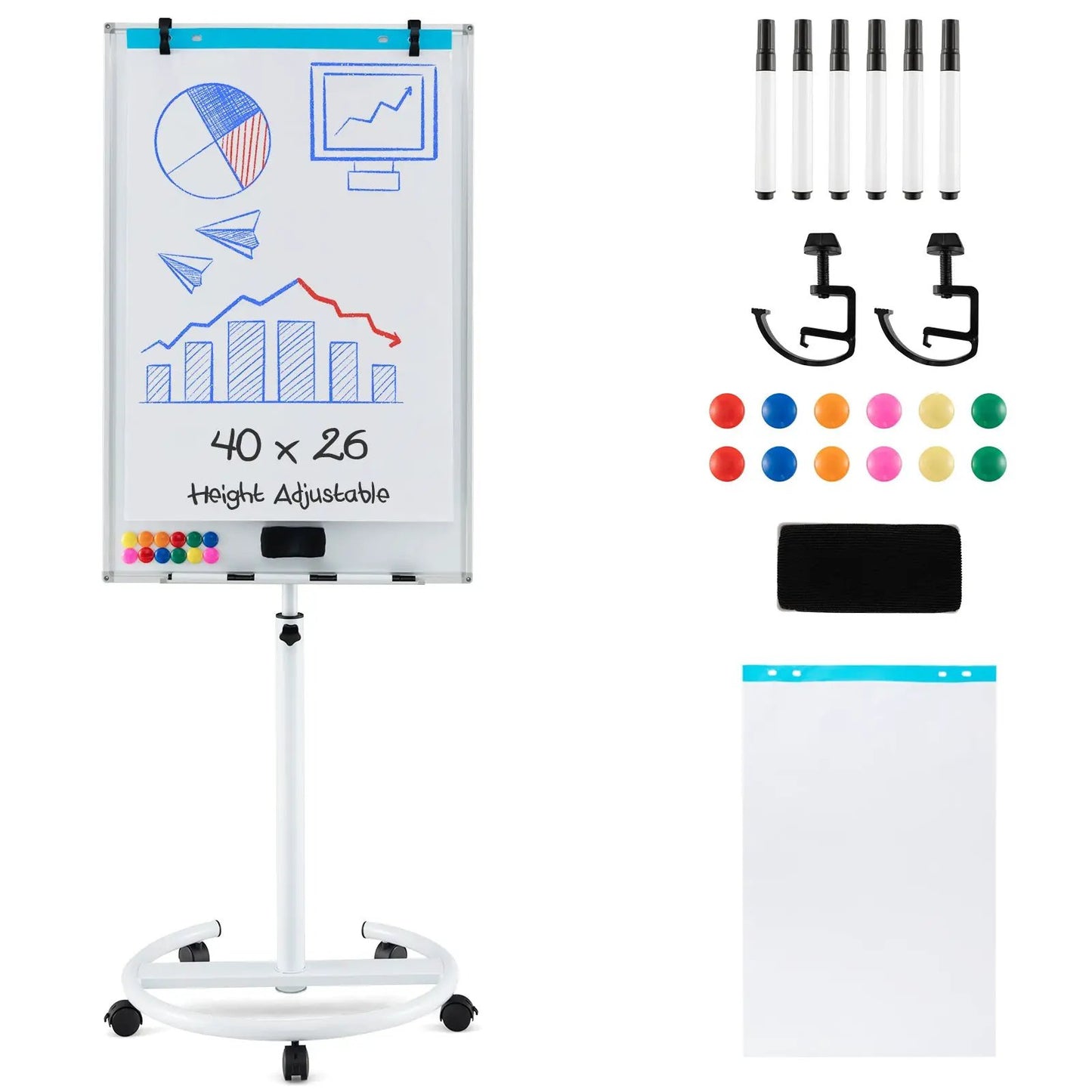 Height-Adjustable Mobile Whiteboard with Round Stand Paper Clips-Black - Tampa Home & Garden Store