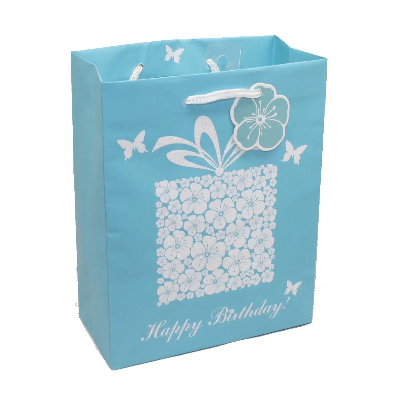 Butterfly Floral Gift Bag with Tag and Glitter turquoise blue with floral print, ribbon handles on Tampa Home & Garden Store