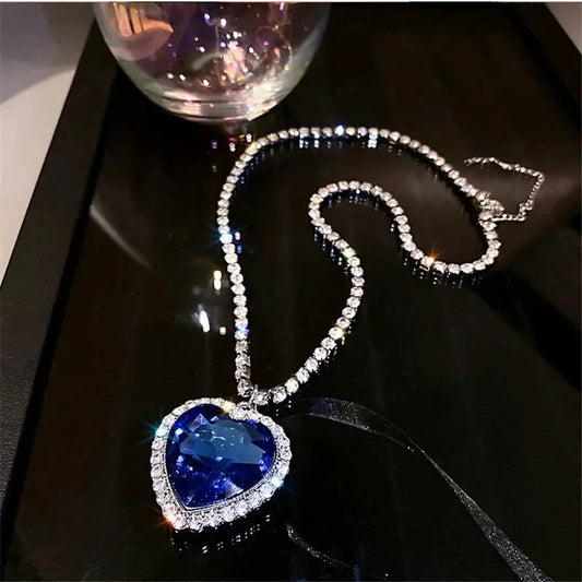 Blue heart crystal pendant necklace with pavé zirconia halo on a silver S925 chain on Tampa Home & Garden Store