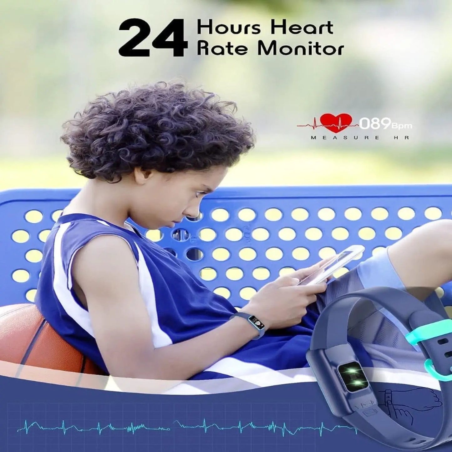 Kids fitness tracker smartwatch with heart rate monitor on a child's wrist; black band on Tampa Home & Garden Store