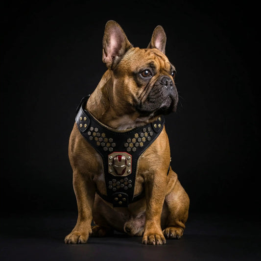 Irondog Leather Harness for Medium Dogs black leather with gold hex studs and crest emblem on Tampa Home & Garden Store