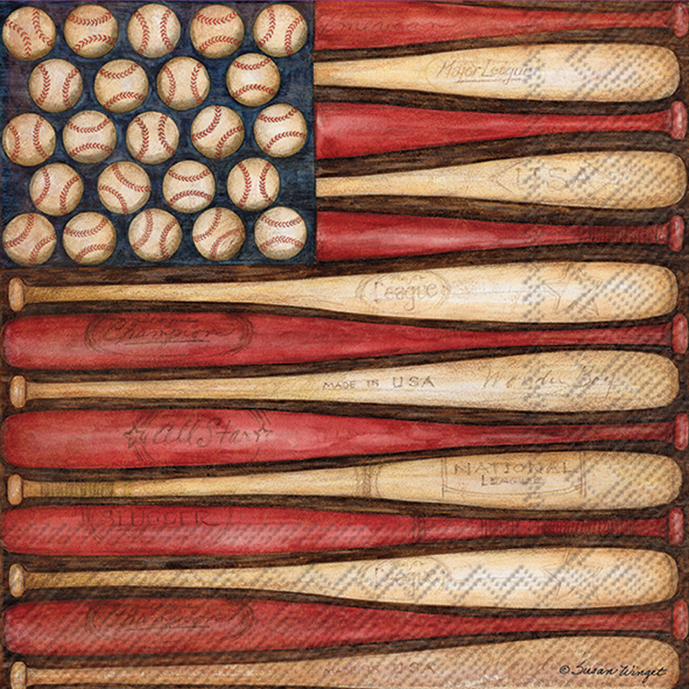 Baseball Flag Lunch Napkins 20 pack with vintage wood bat and baseball flag design on Tampa Home & Garden Store