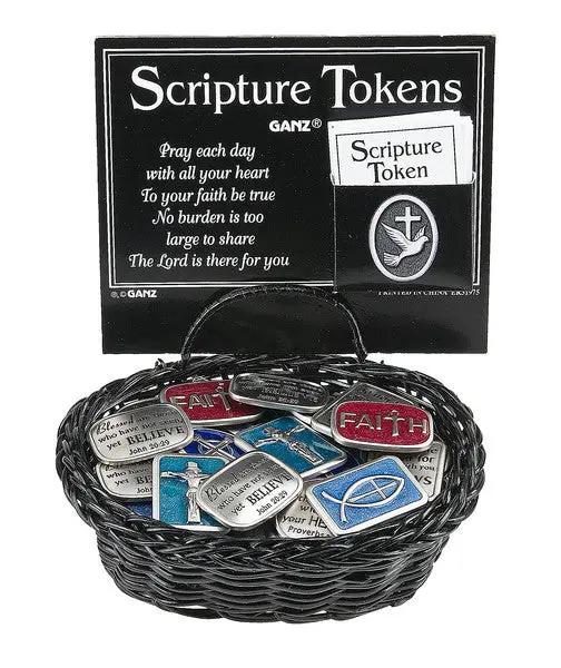 Scripture Token set with sentiment card, black wicker basket of faith-themed tokens on Tampa Home & Garden Store