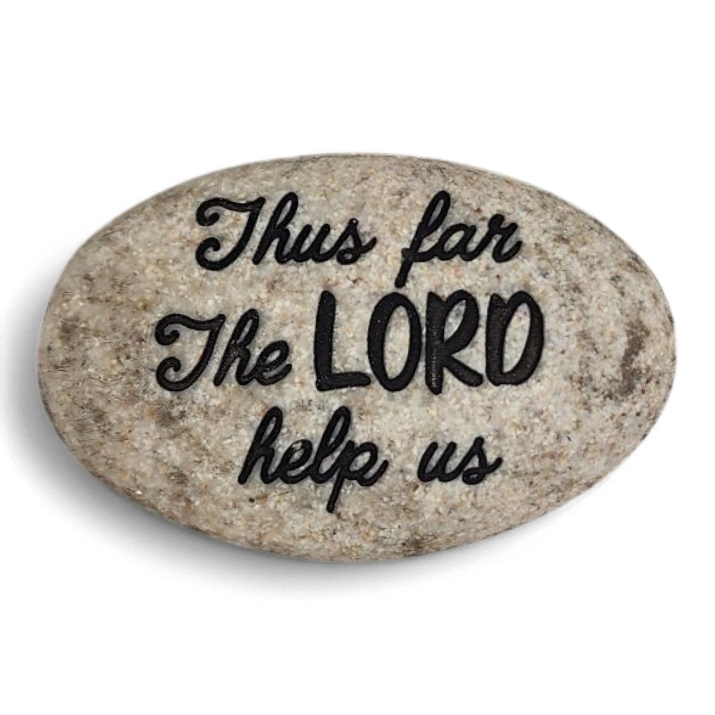 Thus Far the Lord Help Us proverb worry stone, round gray speckled pebble with black script on Tampa Home & Garden Store