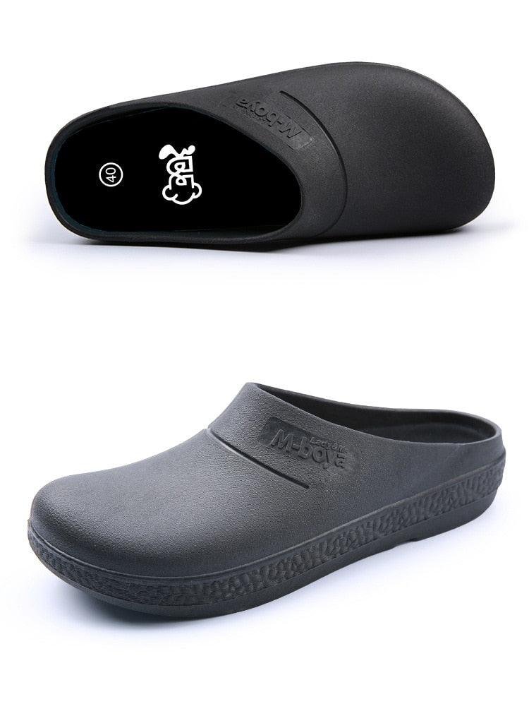 Stevvex non-slip waterproof kitchen slippers, black/gray slip-on clogs for kitchen use on Tampa Home & Garden Store