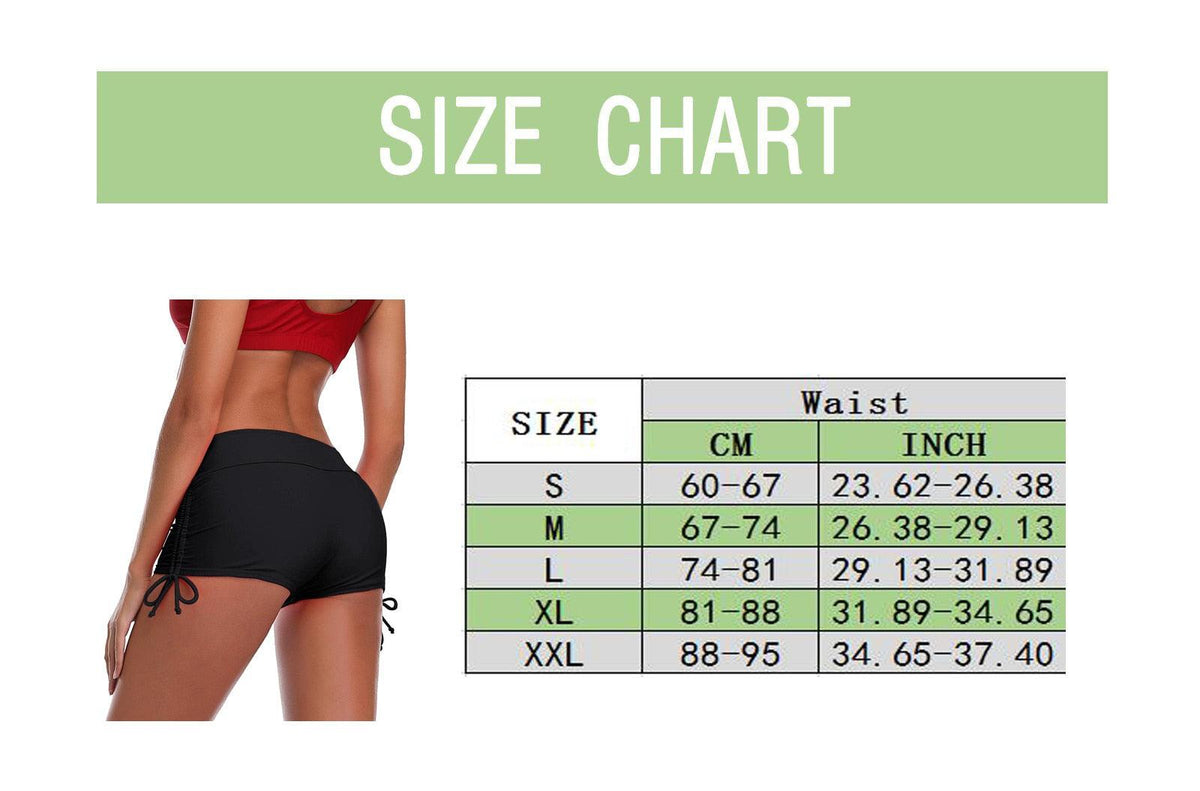 Stevvex high waist bikini bottoms, black swim shorts with side ties, size chart on Tampa Home & Garden Store