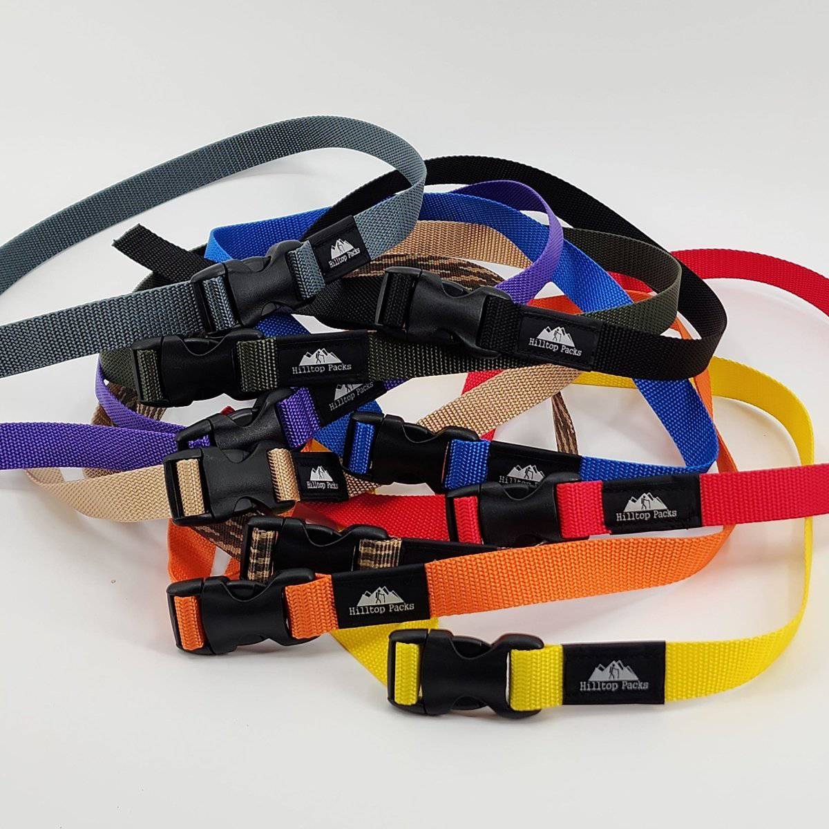 Hiking Pants Belt set of ultralight minimalist belts in assorted colors with Hilltop Packs logo on Tampa Home & Garden Store