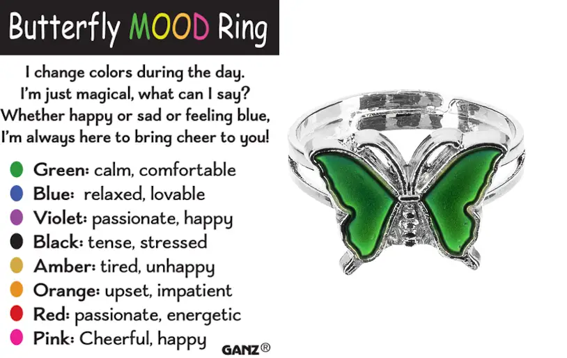 Butterfly Mood Ring with Color-Changing Band, silver setting and vivid green wings on Tampa Home & Garden Store