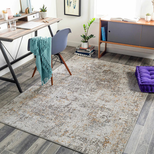 Hirwaun Textured Luxe Area Rug Taupe by Boutique Rugs in a modern home office on Tampa Home & Garden Store
