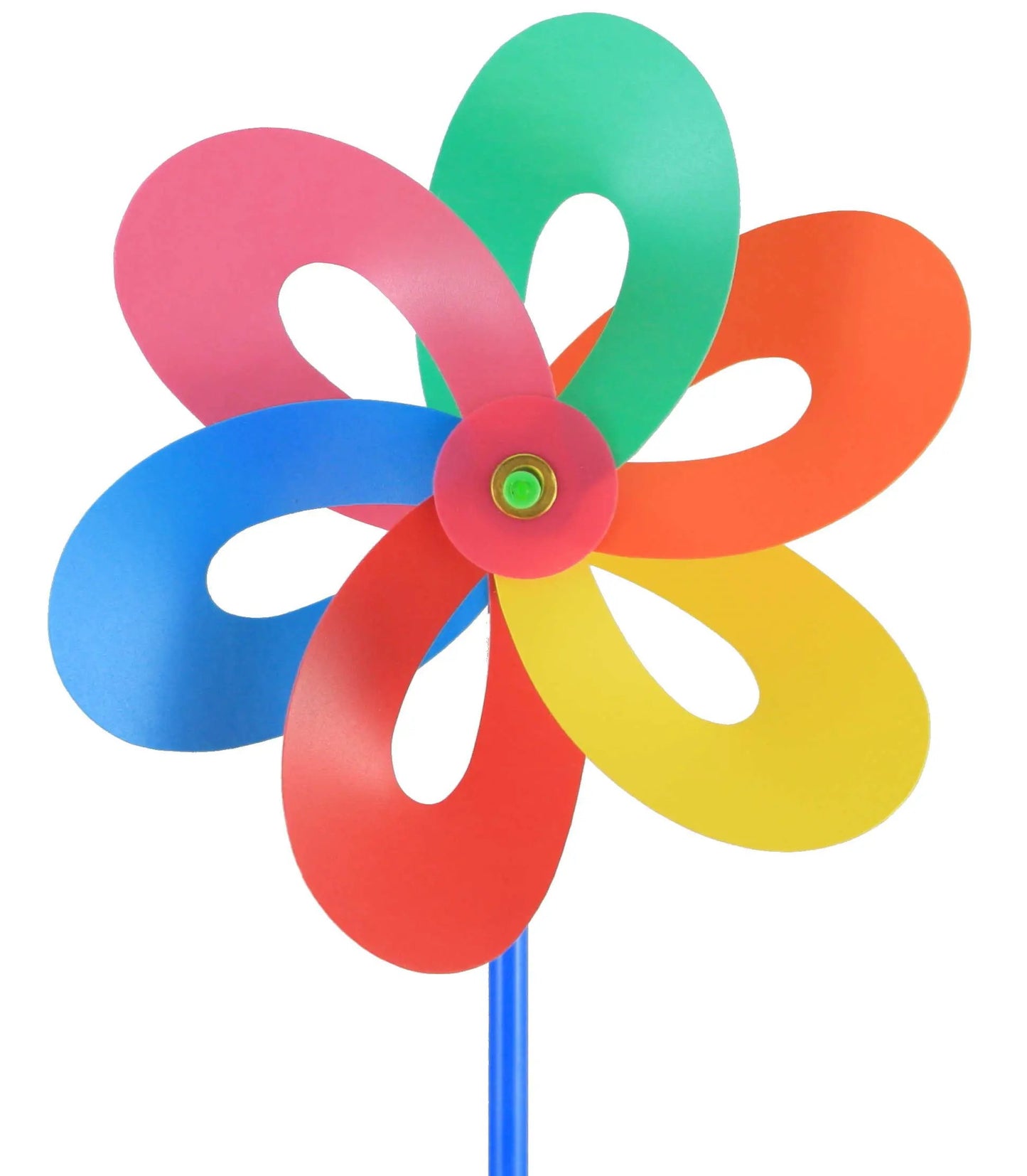 PVC Pinwheel Rainbow Daisy 18 Inch Tall Stick with bright multicolor blades on blue stake on Tampa Home & Garden Store