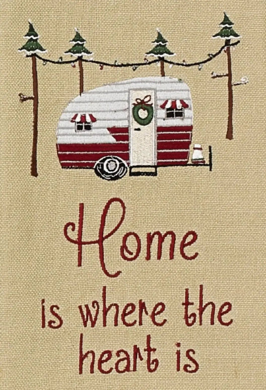 Home Is Where the Heart Is Dish Towel beige linen with red trailer and wreath graphic on Tampa Home & Garden Store
