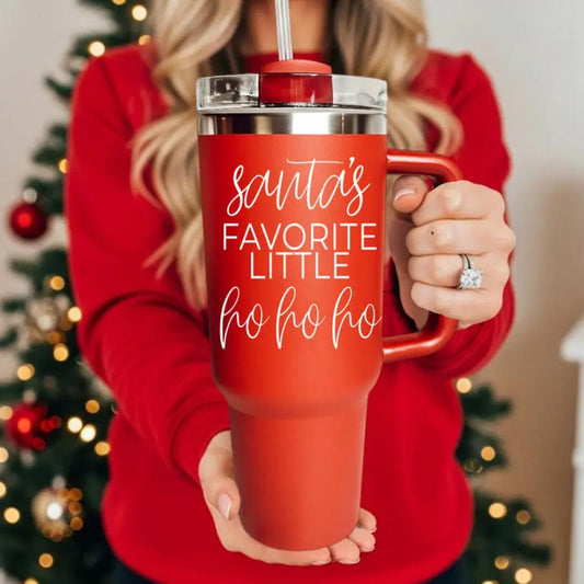 Santa's Ho Ho Ho 40oz insulated travel mug with red handle featuring ho ho ho text on Tampa Home & Garden Store