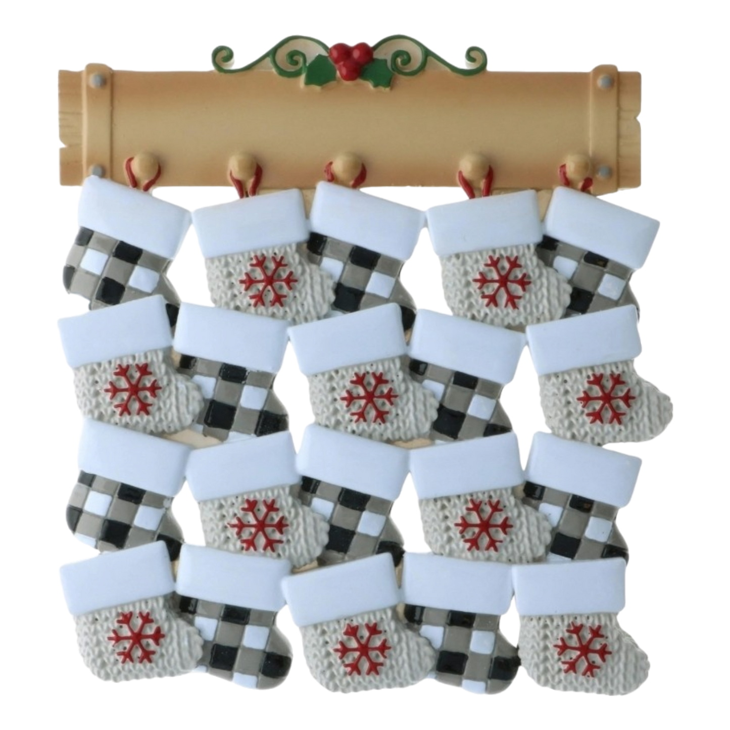 Stocking family ornament set up to twenty with white cuffed stockings and red snowflakes on Tampa Home & Garden Store