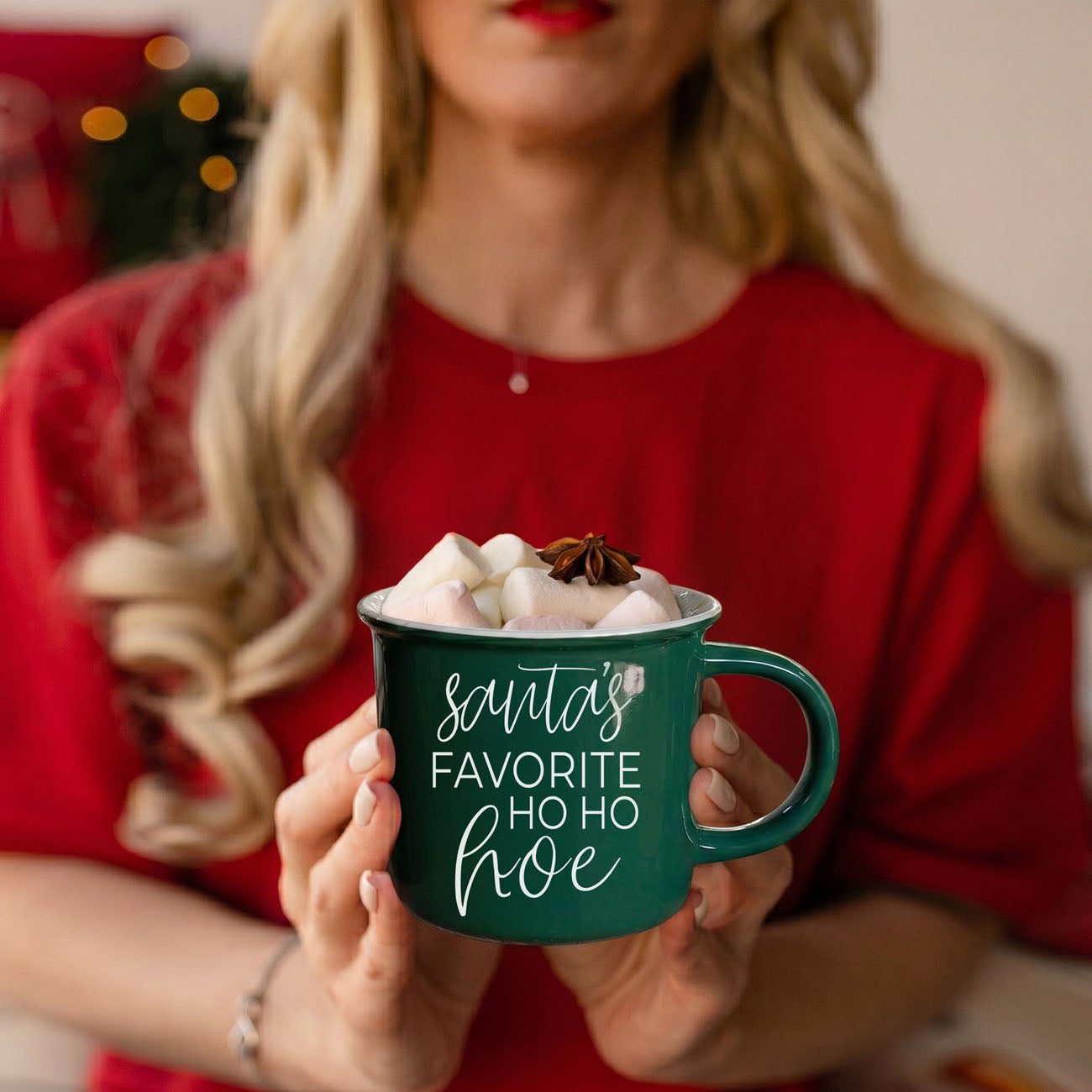 Gia Roma Ho Ho Hoe mug green ceramic coffee mug with marshmallows and star anise on Tampa Home & Garden Store