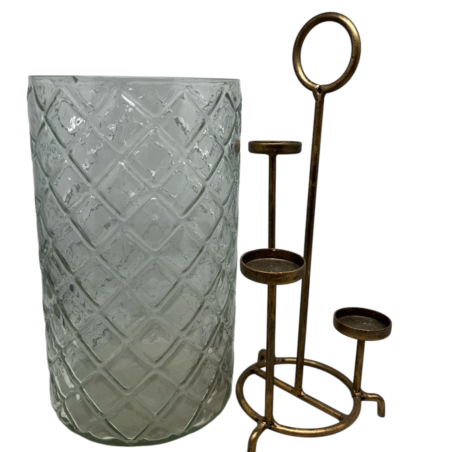Three Level Glass Gold Candle Holder with diamond glass cylinder and gold stand on Tampa Home & Garden Store