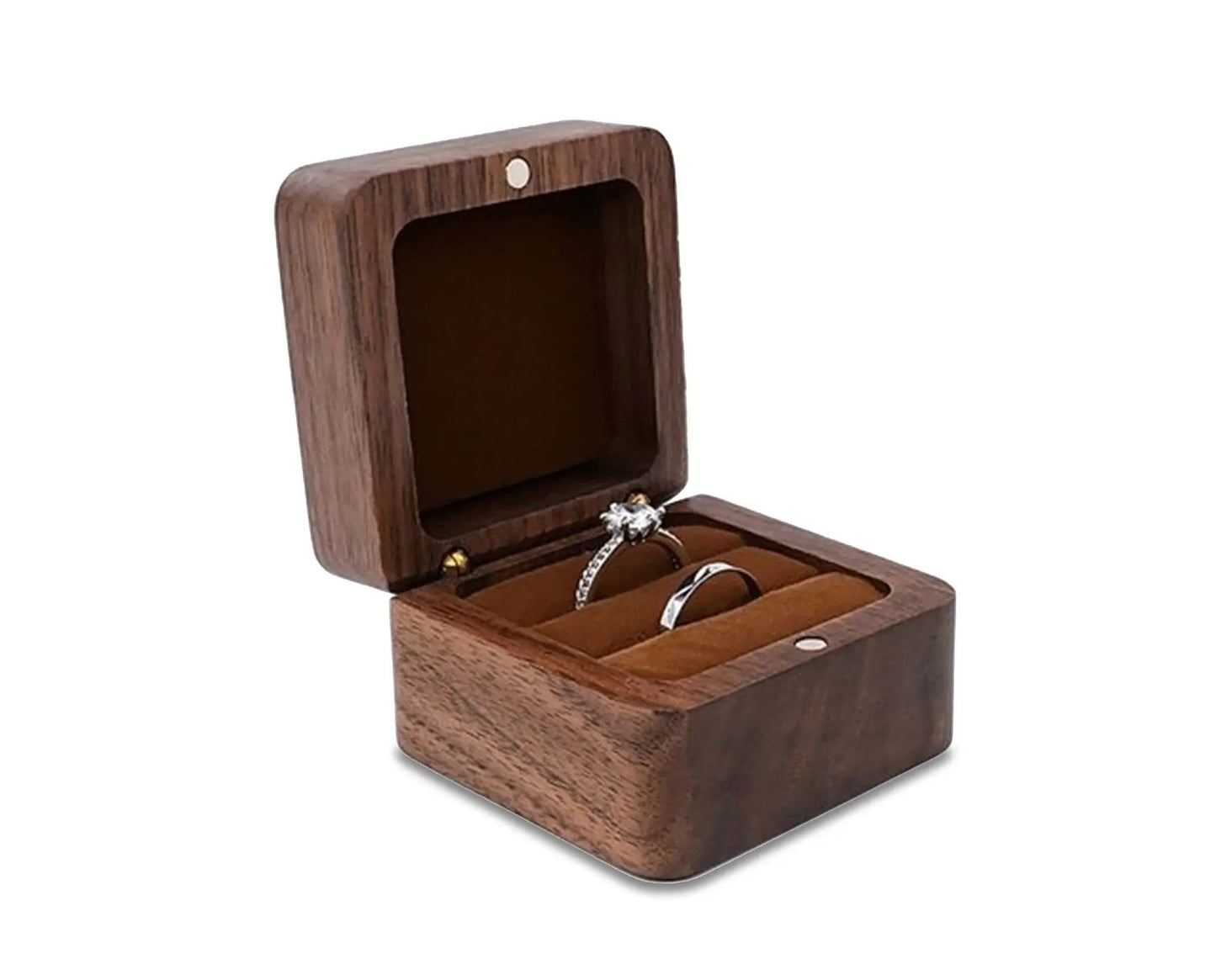 Teak wood ring box jewelry storage case with open lid and ring slots on Tampa Home & Garden Store