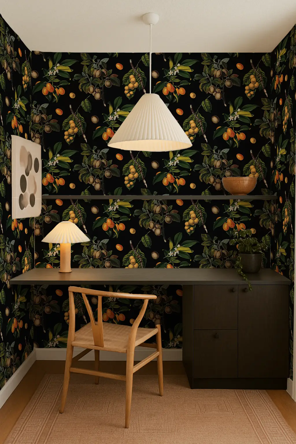 Vintage Orchard wallpaper in black matte finish with a lush fruit and leaf motif on Tampa Home & Garden Store