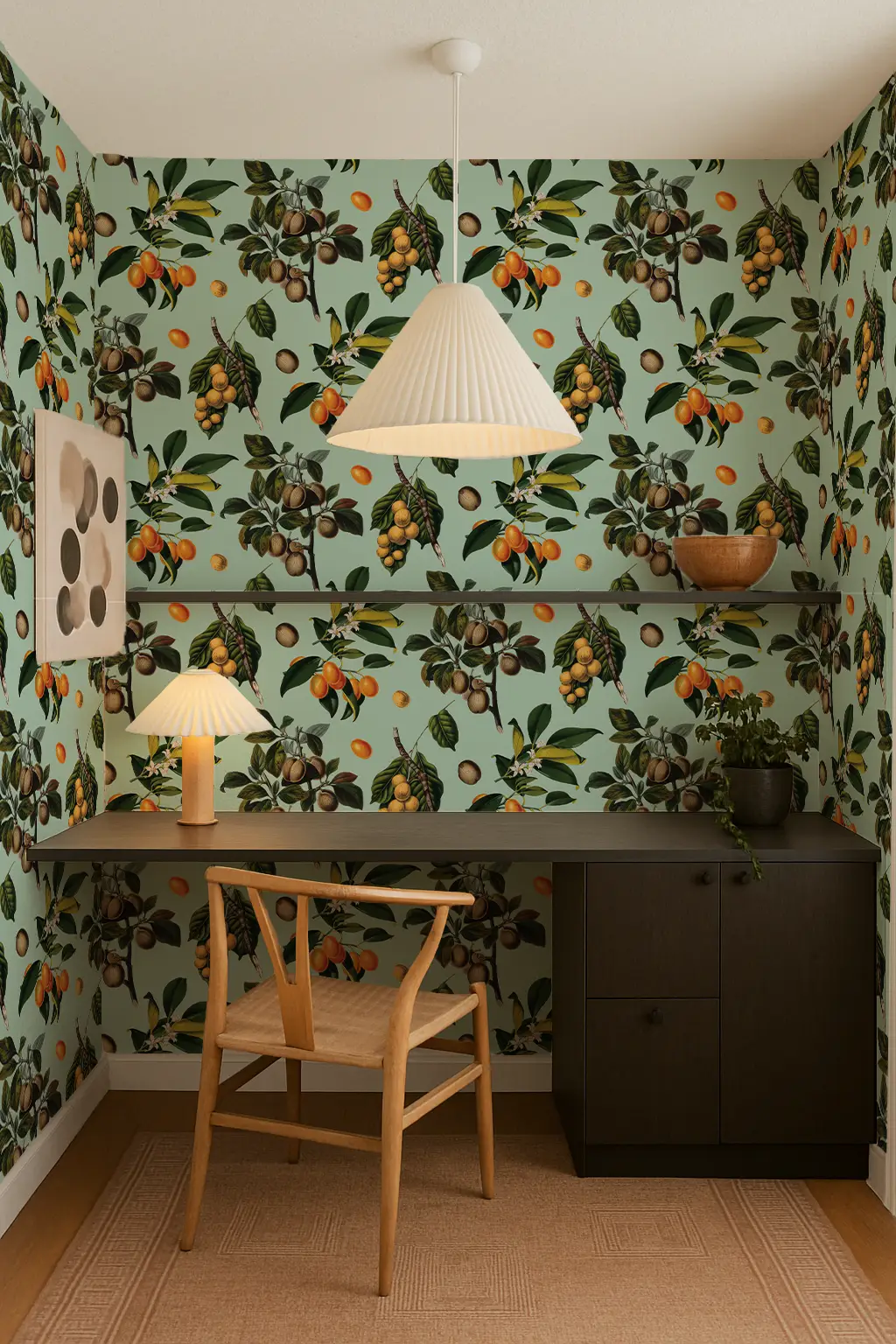 Robin Egg Vintage Orchard wallpaper teal backdrop with orange fruit, in a compact home office with desk and chair on Tampa Home & Garden Store