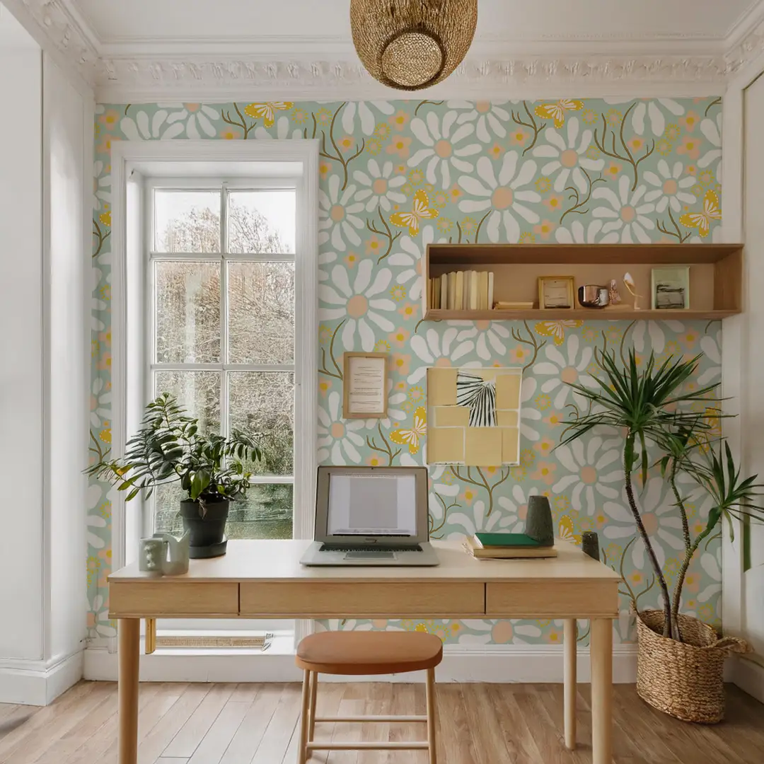 Wallpaper Spring Daze Mint with Daisies mint floral pattern by Samantha Santana Creative on Tampa Home & Garden Store