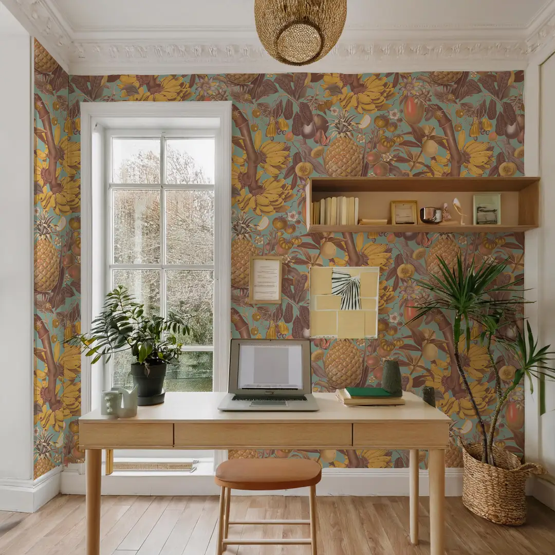 Juicy Fruit Wallpaper mint and yellow fruit pattern by Samantha Santana Creative for an office on Tampa Home & Garden Store