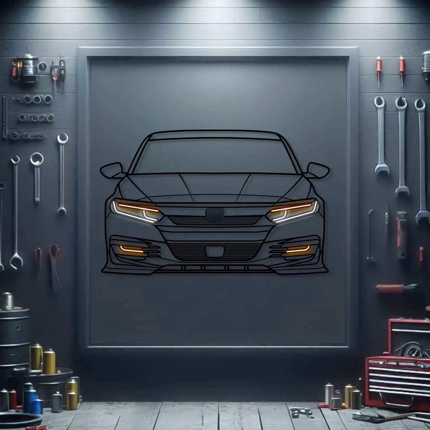 2020 Accord Front View Metal Neon Car Wall Art by Modello Turbo in a garage workshop on Tampa Home & Garden Store
