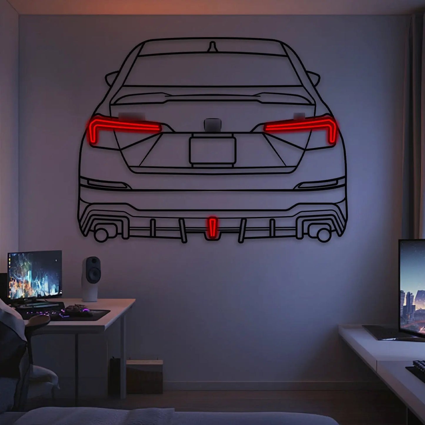 2023 Civic Si Back View Metal Neon Car Wall Art Modello Turbo with red neon taillights on Tampa Home & Garden Store