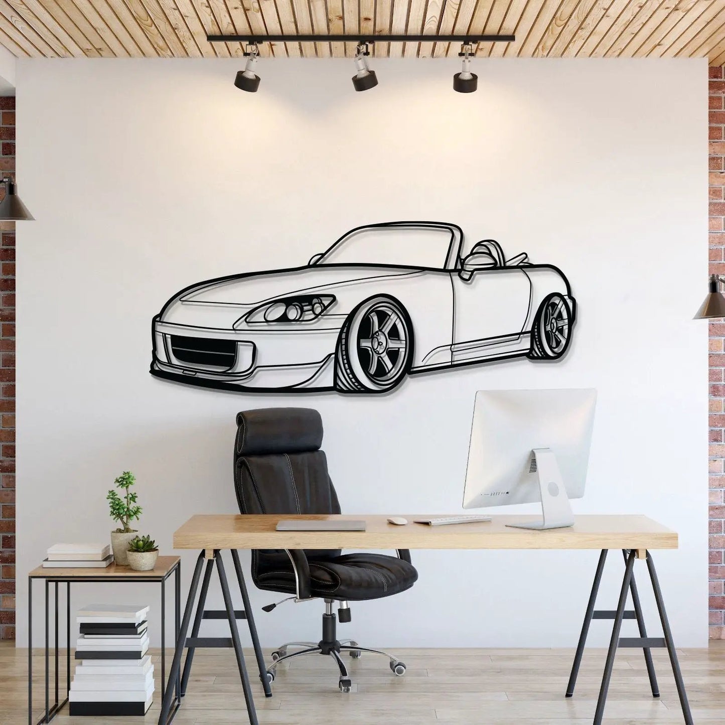 S2000 Perspective Metal Wall Art by Modello Turbo, black line car on white wall on Tampa Home & Garden Store