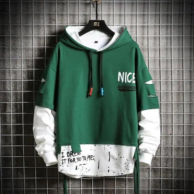 Hooded sweatshirt Stevvex green and white color-block with drawstring hood and graffiti hem on Tampa Home & Garden Store