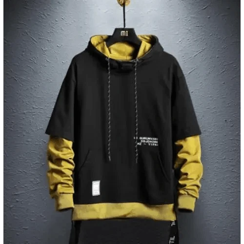 Hooded Sweatshirt Stevvex black with yellow contrast sleeves, front pocket on Tampa Home & Garden Store